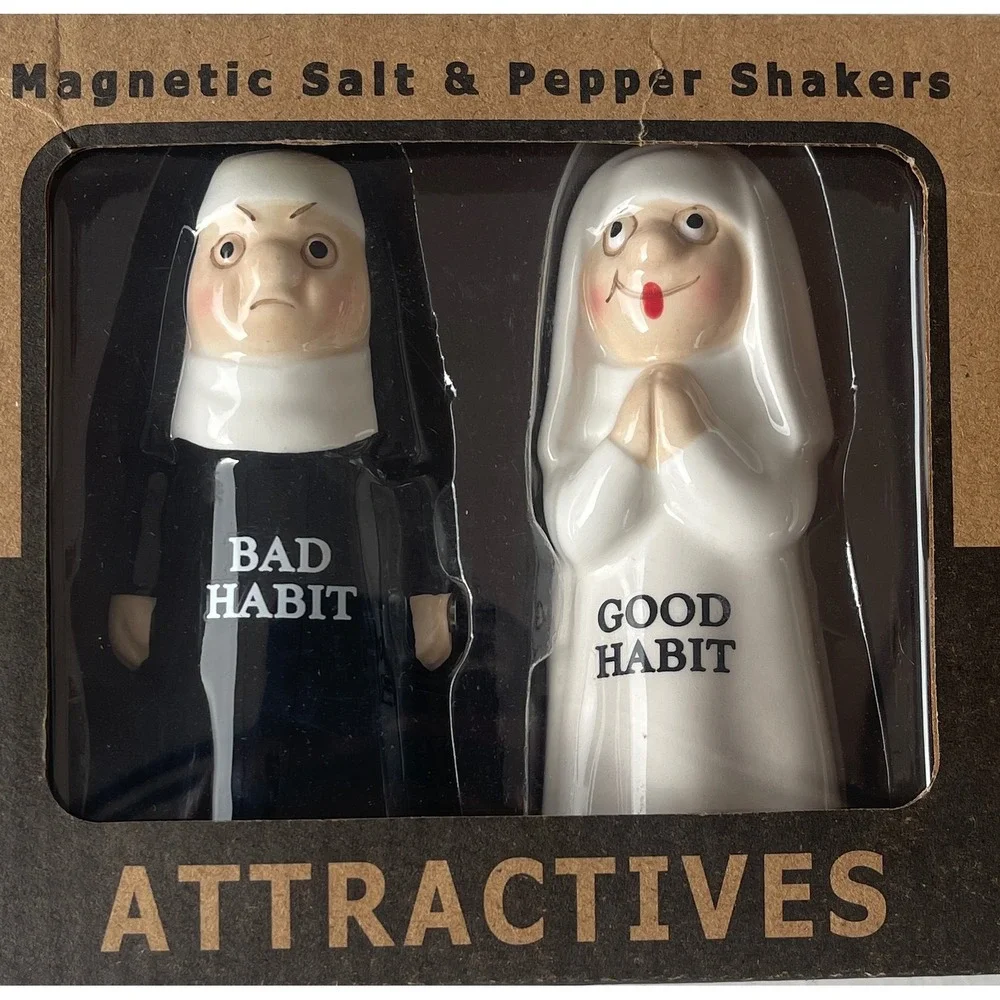 Attractives Good Habit Bad Habit Nun Magnetic Salt and Pepper Shakers Set 8357